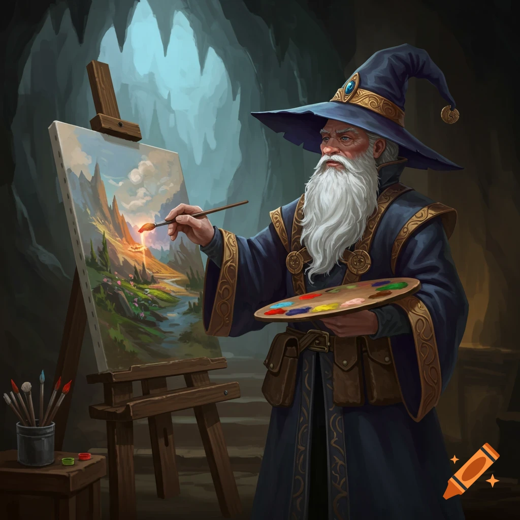 An old wizard with a white beard painting a landscape on an easel in a cave.