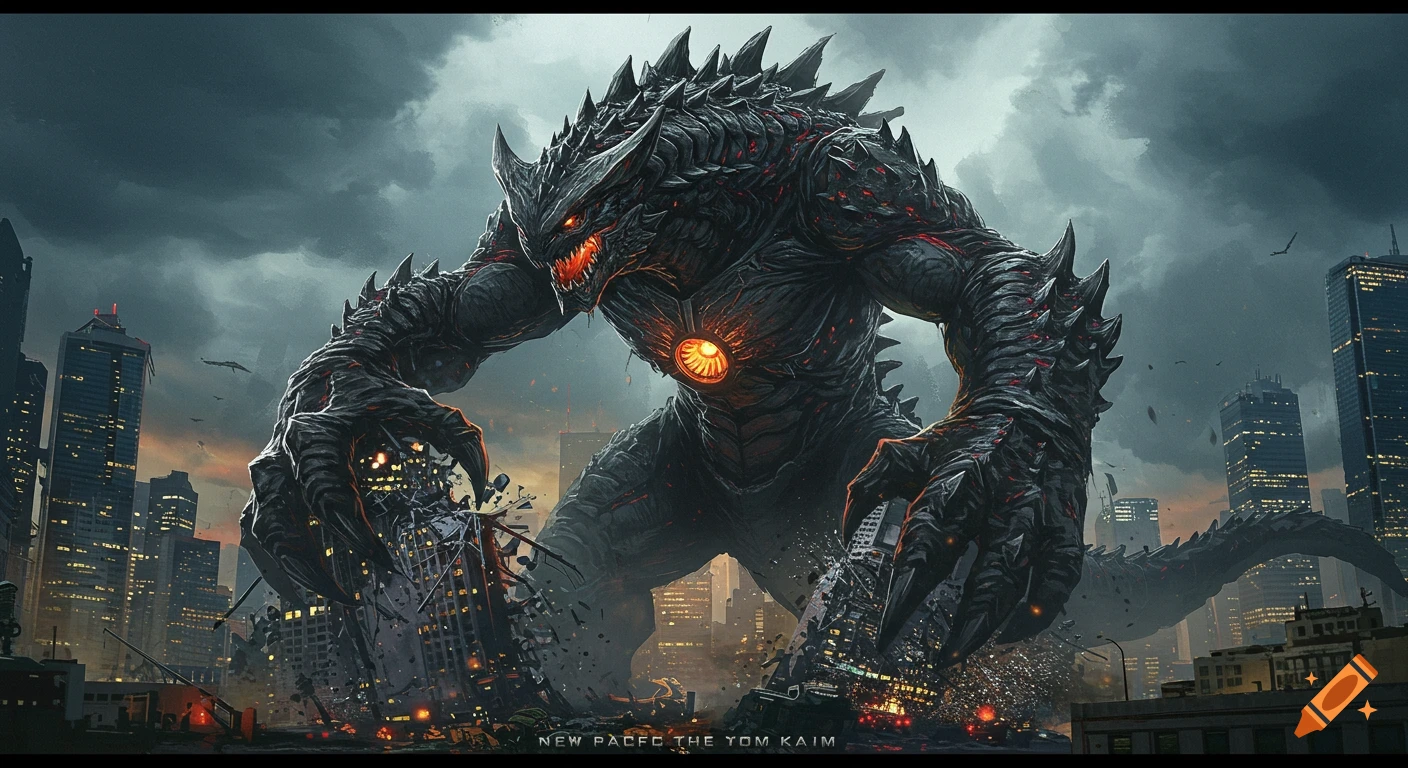 A giant dark monster with glowing eyes and chest destroying buildings in a city under a stormy sky.