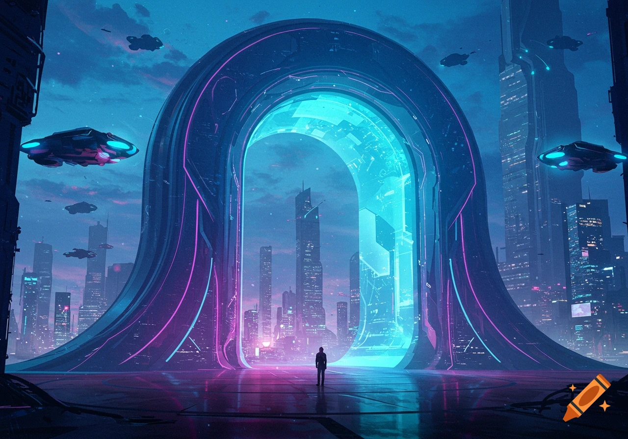 A person stands before a large glowing portal in a futuristic city.