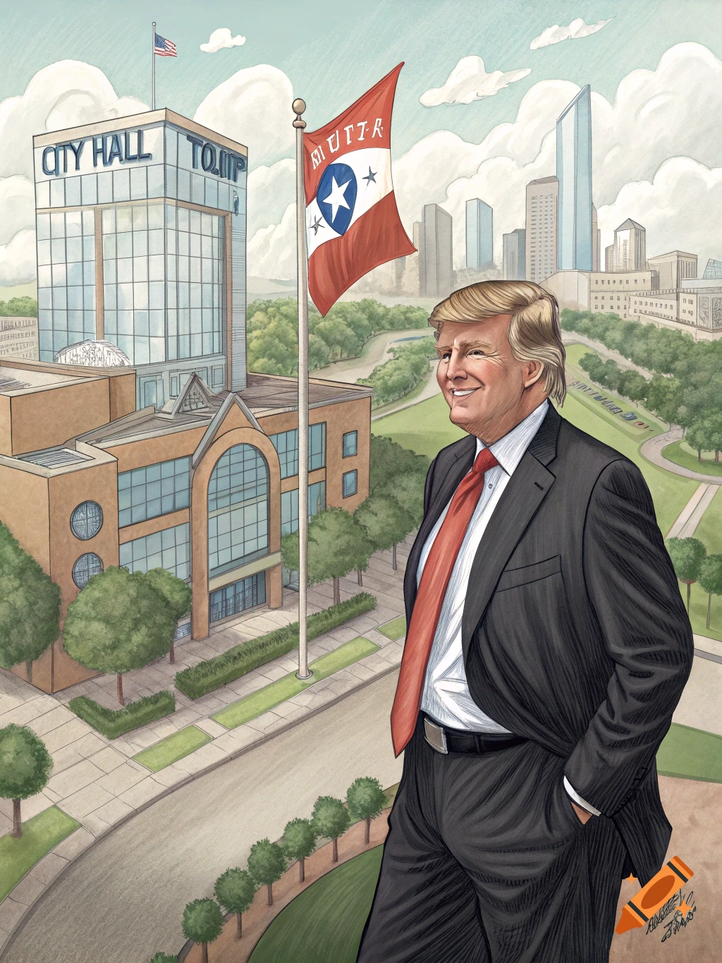 Illustration of Donald Trump standing in front of a city hall with a flag and cityscape.