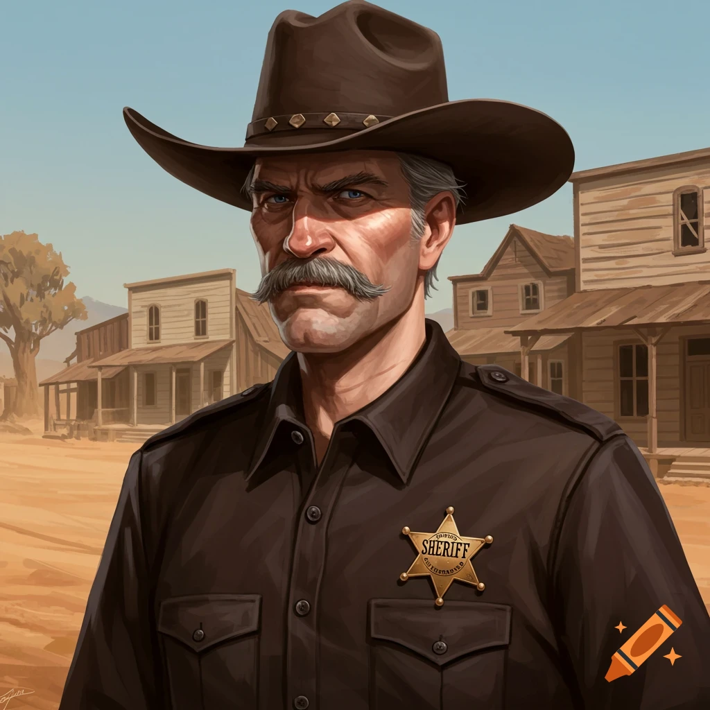 A stern sheriff with a mustache and hat, wearing a badge, stands in a Western town street.