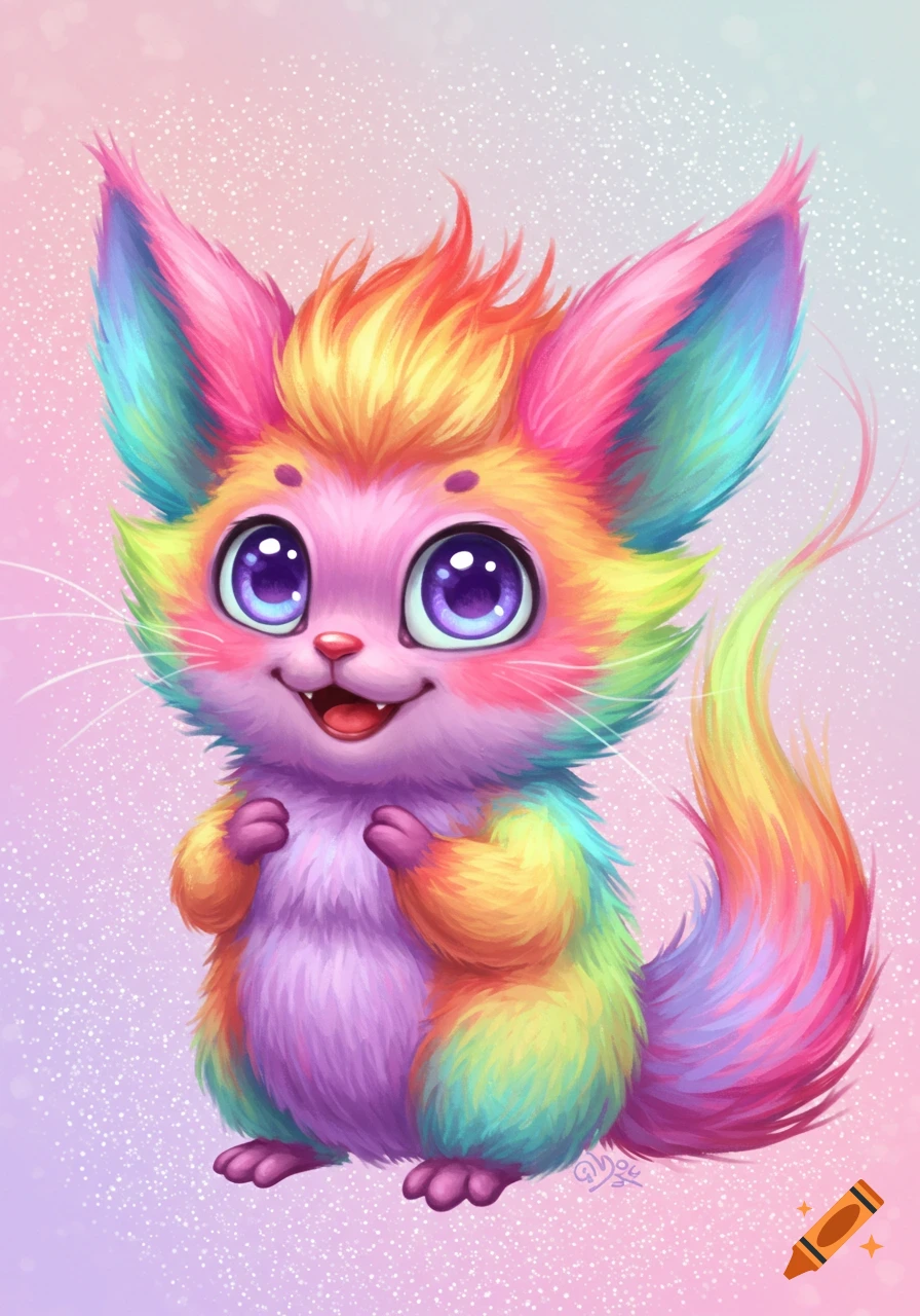 A fluffy, rainbow-colored fantasy creature with large purple eyes and a big smile