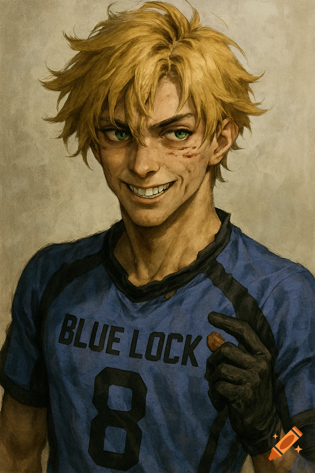 Portrait of a young man with blonde hair and green eyes in a blue and black Blue Lock jersey.