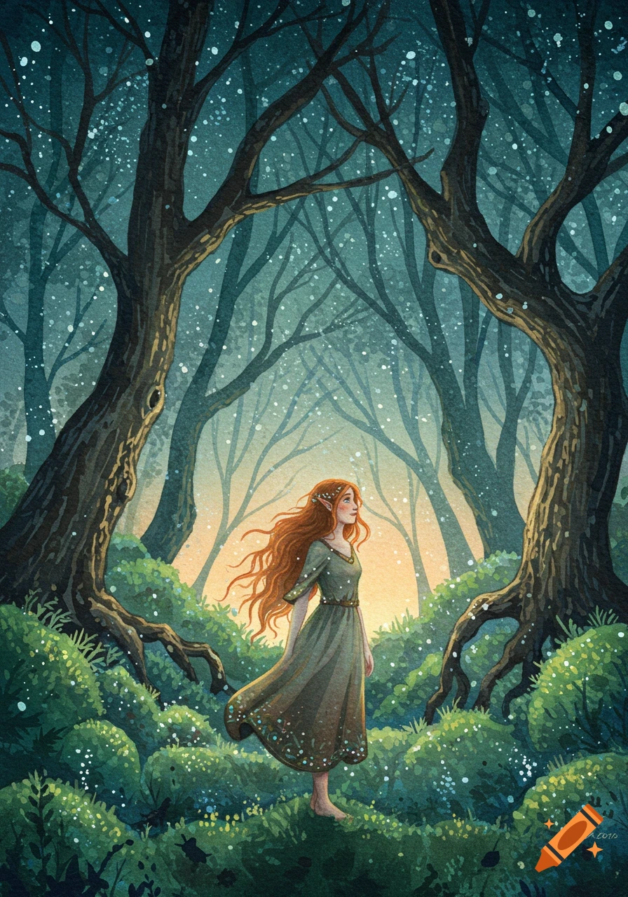 Watercolor painting of a young woman in a magical twilight forest grove.