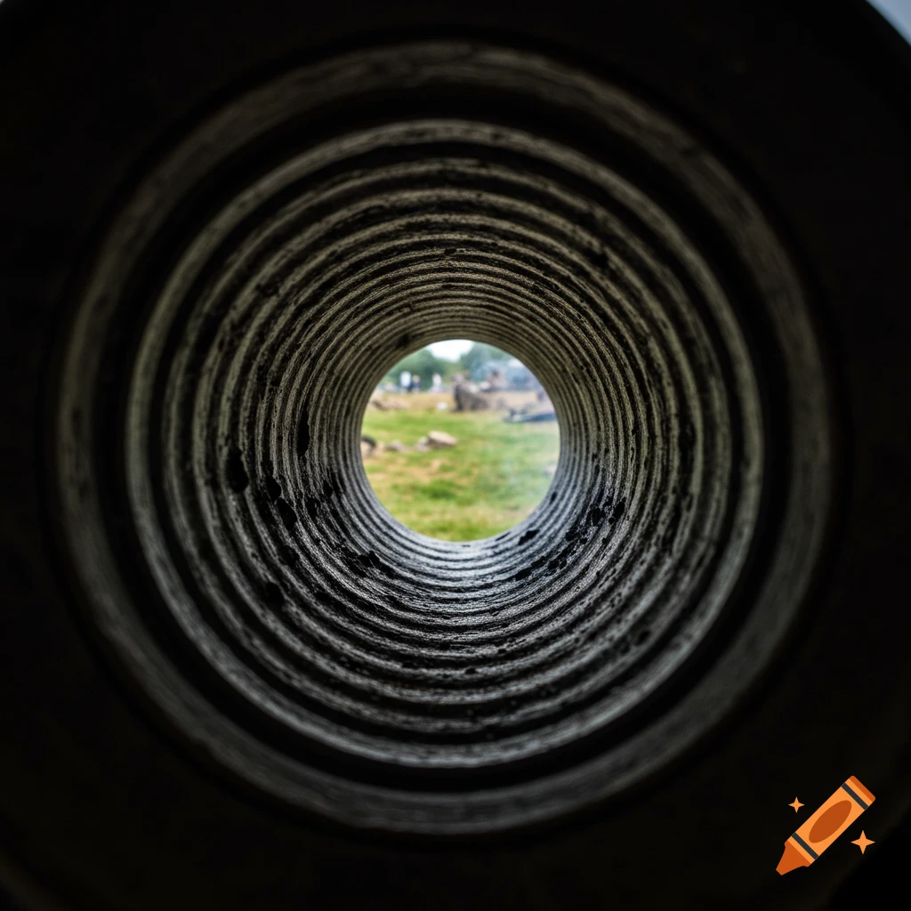 A view looking through a ribbed pipe or tube towards a blurry outdoor scene.
