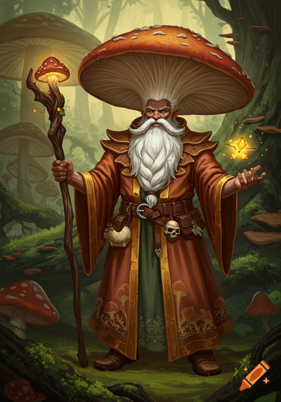 A mushroom wizard with a long white beard stands in a forest.