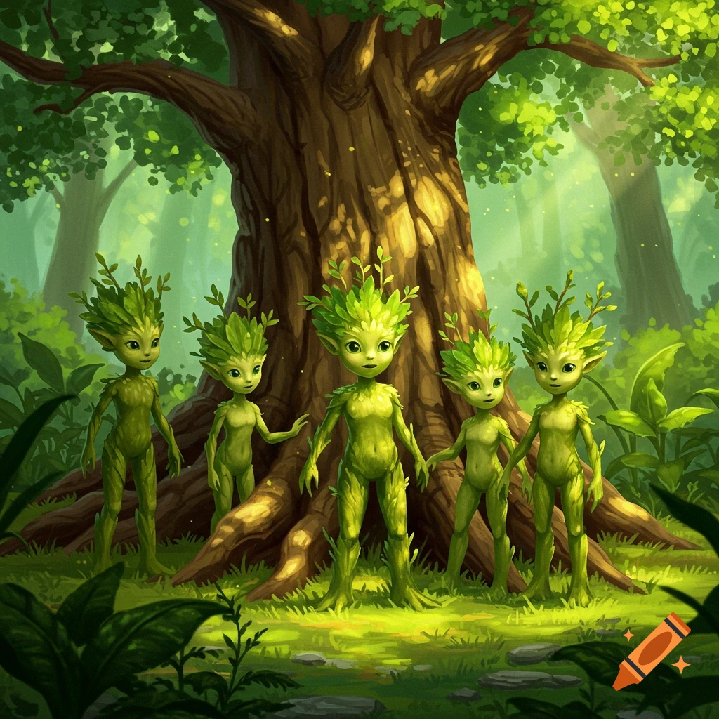 Five green humanoid sapling creatures stand before a large tree in a forest clearing, digital art.