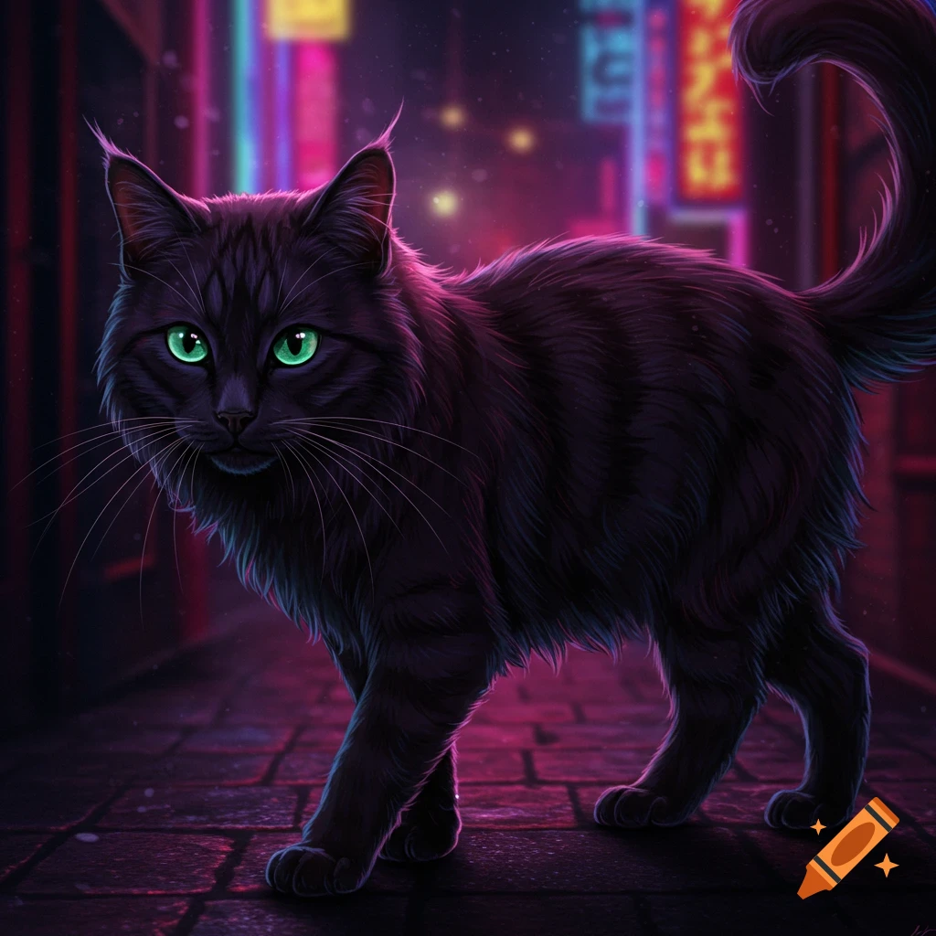 A black cat with bright green eyes walks down a neon-lit alley at night.