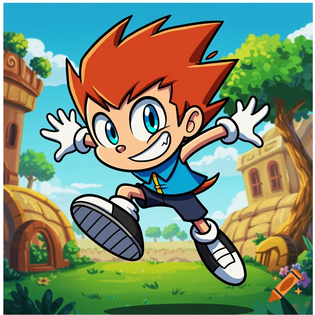 Vibrant cartoon boy with orange hair jumping in a whimsical landscape
