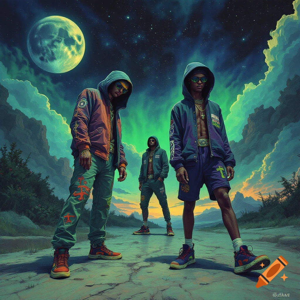 Three figures in hooded outfits under a large moon and aurora sky.
