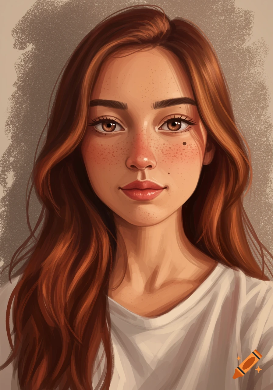 Portrait of a woman with long auburn hair, light brown eyes, and freckles.