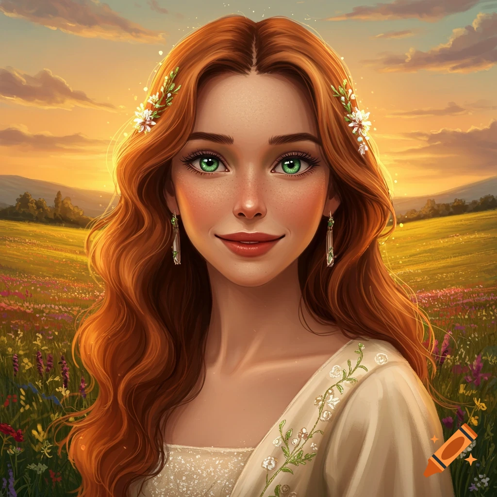 Portrait of a woman with red hair smiling in a field of flowers at sunset.