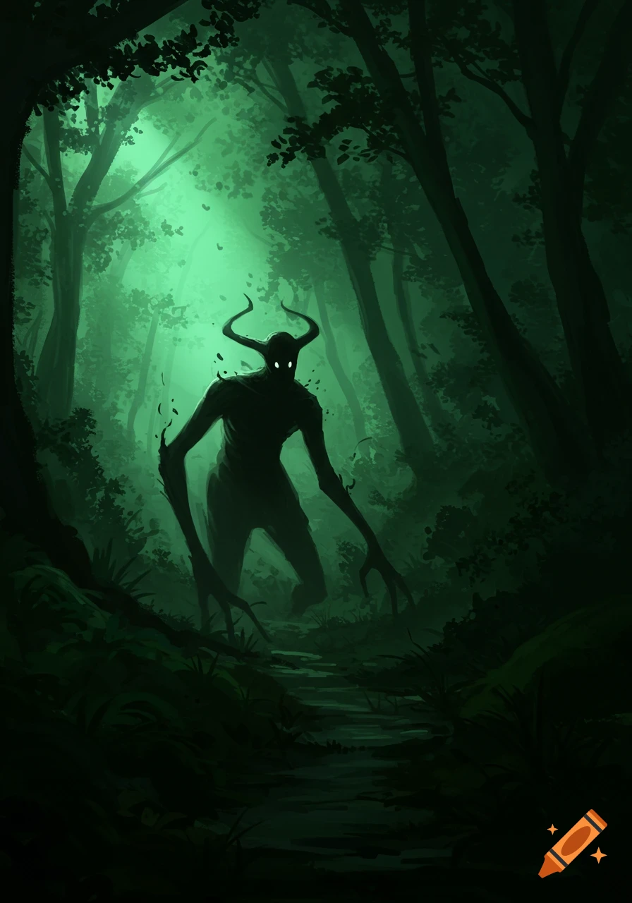 A shadowy creature with horns and glowing eyes stands in a dark, green forest.