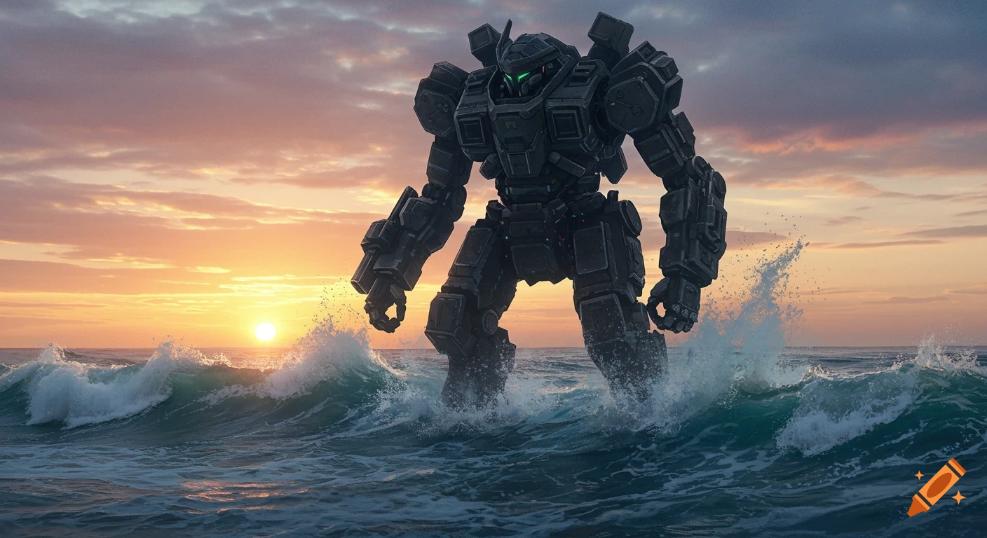 Giant dark mech standing in crashing ocean waves at sunset