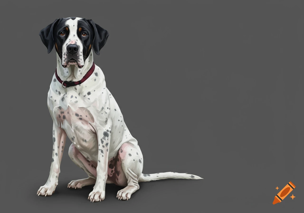 A black and white spotted dog with a red collar is sitting on a gray background.