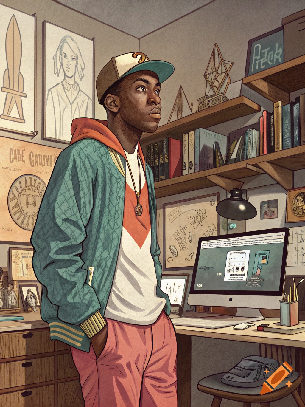 Illustrated portrait of a young person in a room with posters and shelves, in a stylized art style.