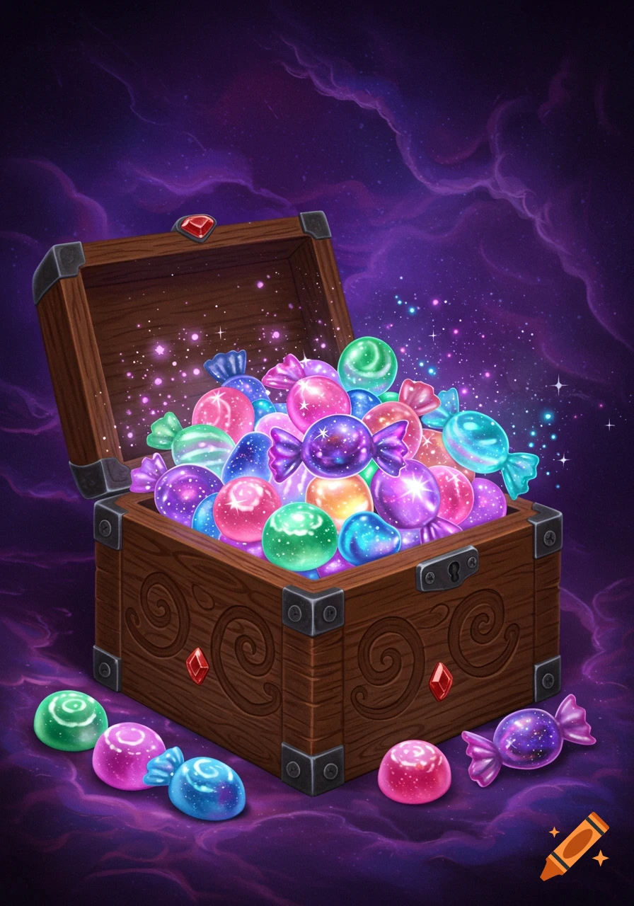 A treasure chest overflowing with colorful, sparkling magical candy on a purple background.