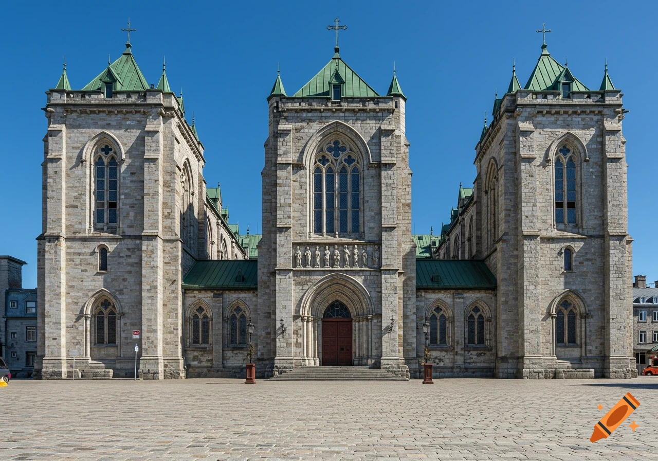 Front view of a large stone cathedral with green roofs under a blue sky