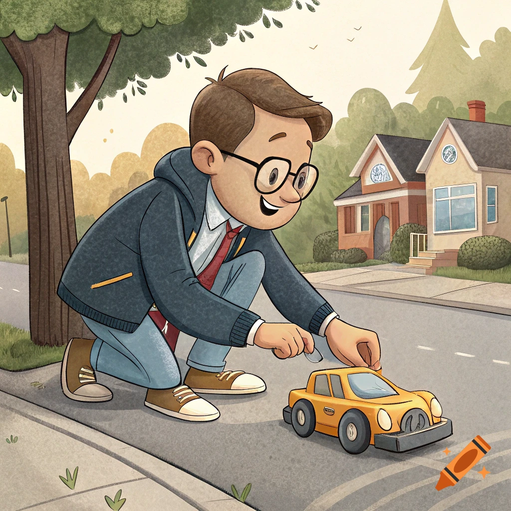 Cartoon boy playing with a yellow toy car on a street