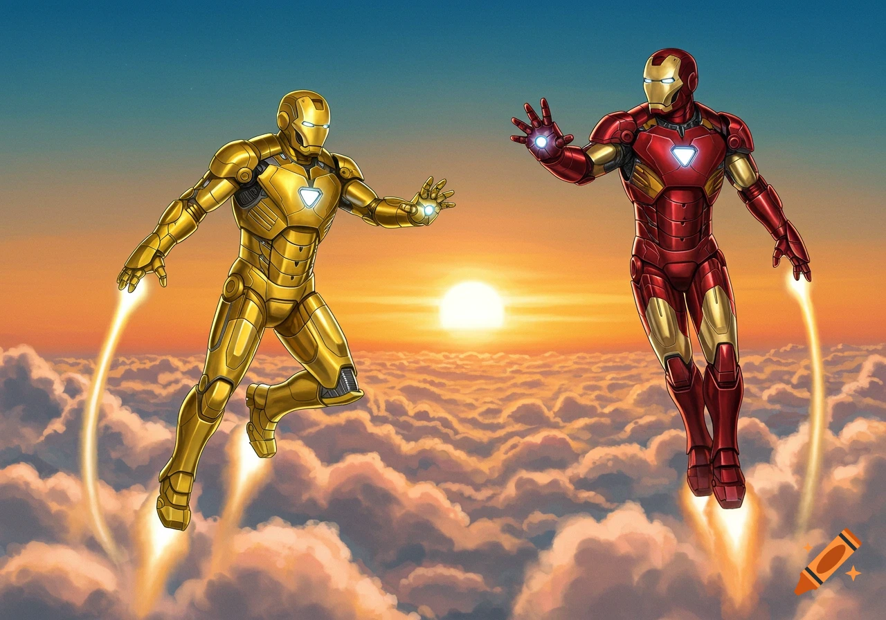 A gold Iron Man and a red and gold Iron Man flying above clouds during sunset.