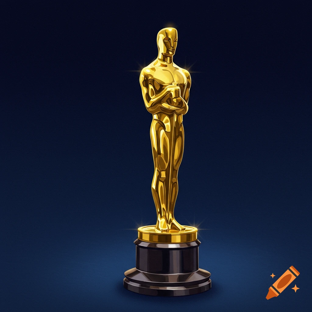 A golden statue resembling an Oscar award on a dark background.