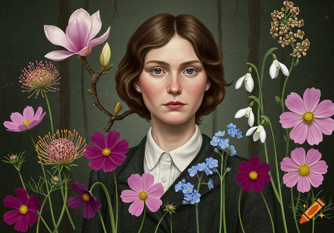 A woman with brown hair, surrounded by various colorful flowers like magnolias, cosmos, forget-me-nots, and snowdrops.