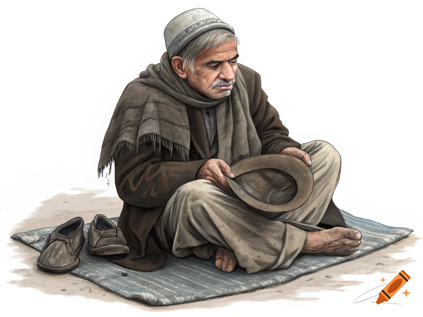 Illustration of an old man sitting on a mat, holding out a hat.
