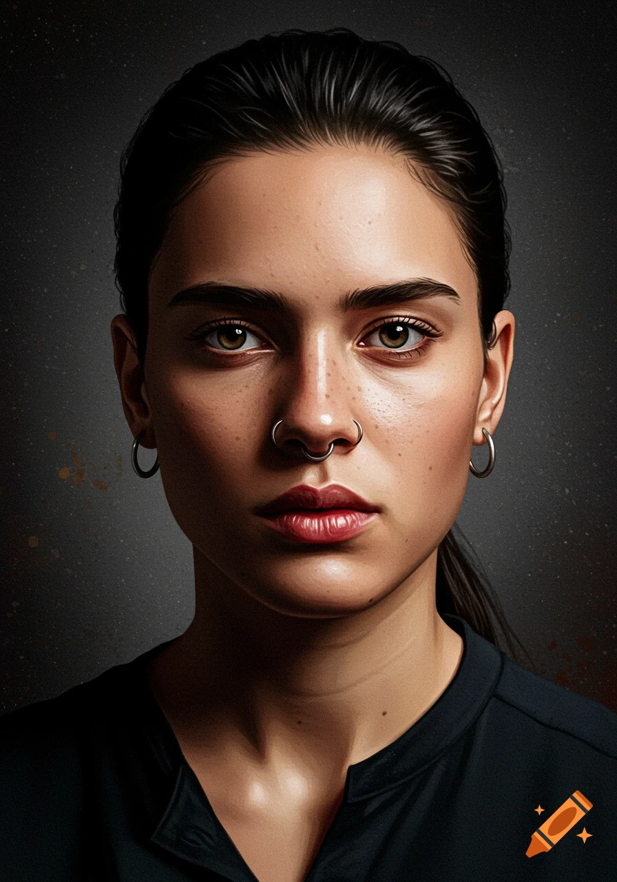 Close-up of a woman with facial and ear piercings