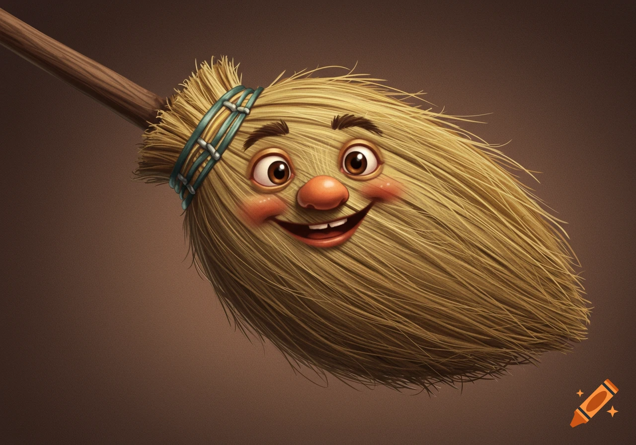 A cartoon broom with a smiling face, big eyes, and rosy cheeks.