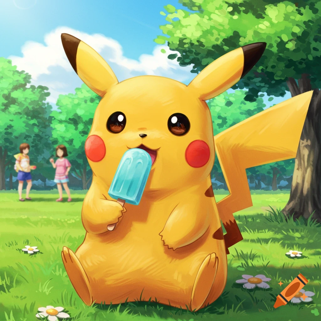 Pikachu sitting in a park and licking a blue popsicle.