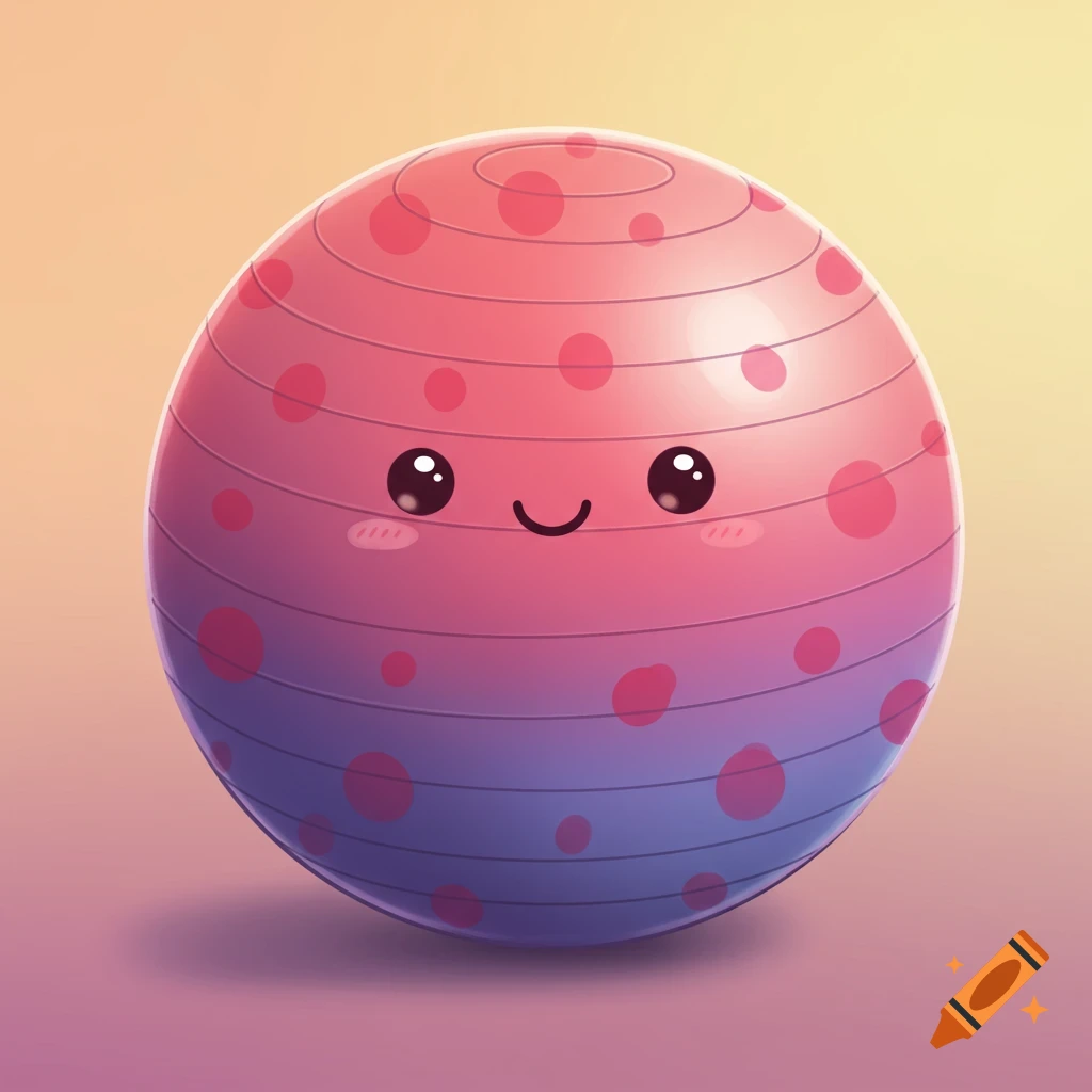 A cute pink and purple gradient yoga ball with polka dots and a smiley face, digital illustration.