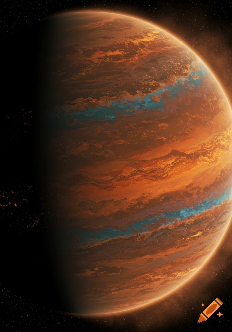 A planet with swirling orange and blue features in space with stars.