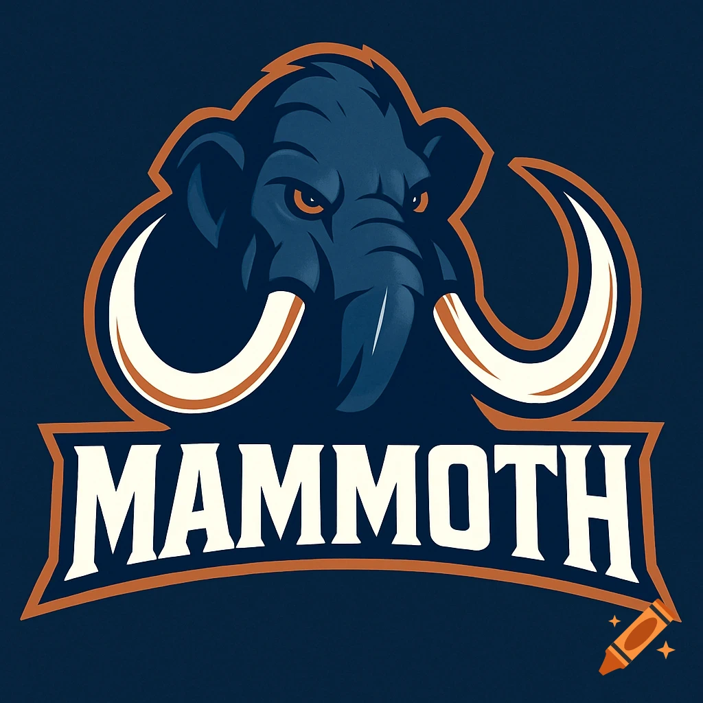 A stylized sports logo of a mammoth head with large tusks above the word MAMMOTH in dark blue, orange, and white.