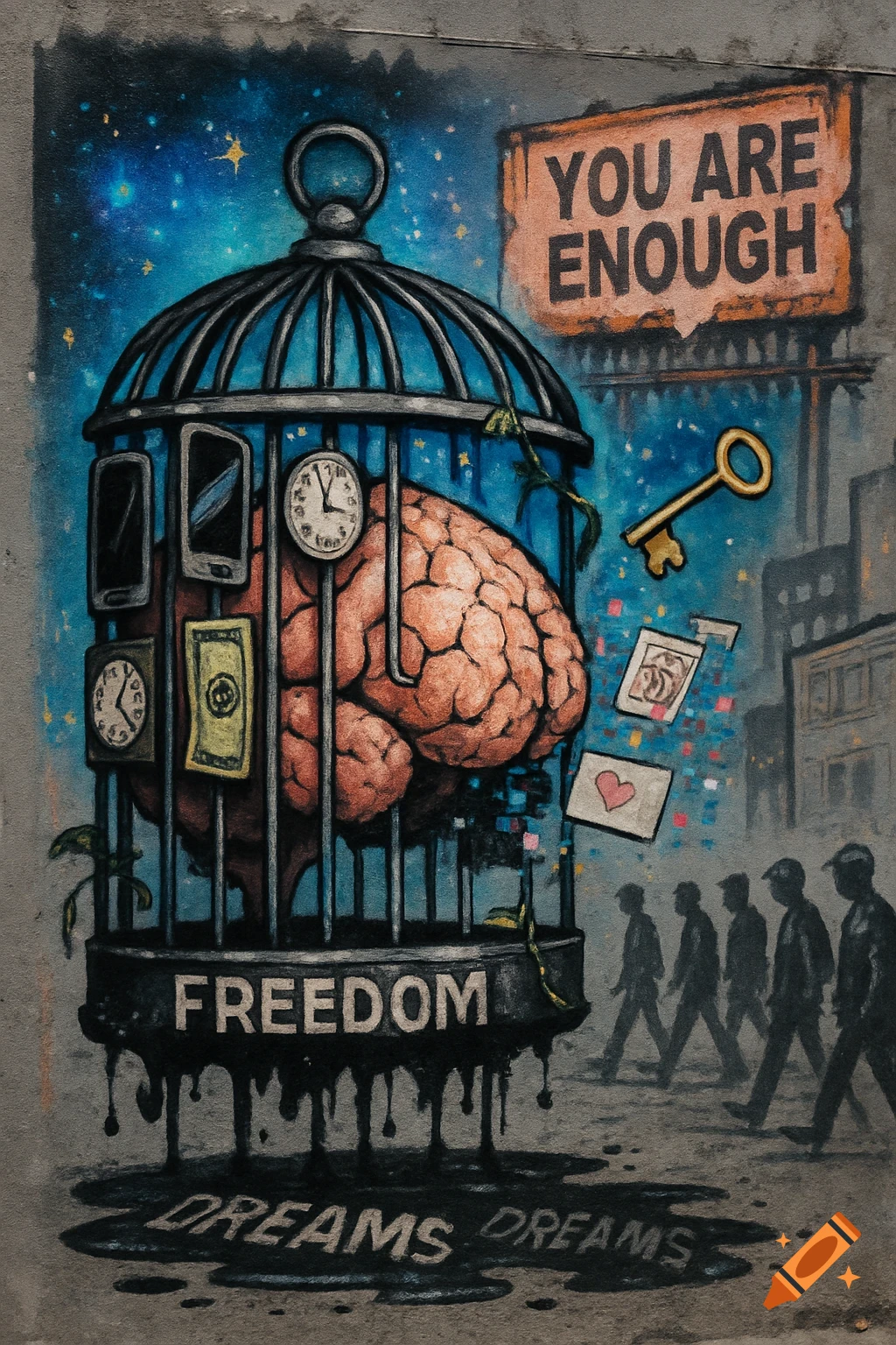 Street art mural of a brain in a cage made of phones, clocks, money, with text 'FREEDOM' and 'YOU ARE ENOUGH'.