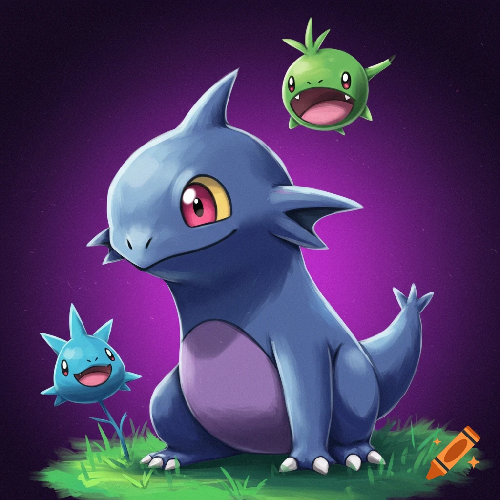 A blue dinosaur-like creature sits on grass with smaller blue and green creatures.