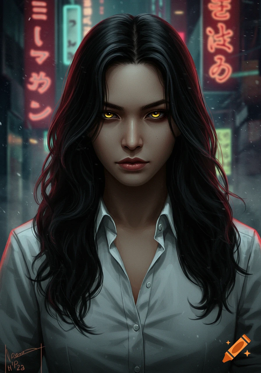 A woman with golden eyes and long black hair in a dark cyberpunk city street with neon signs.