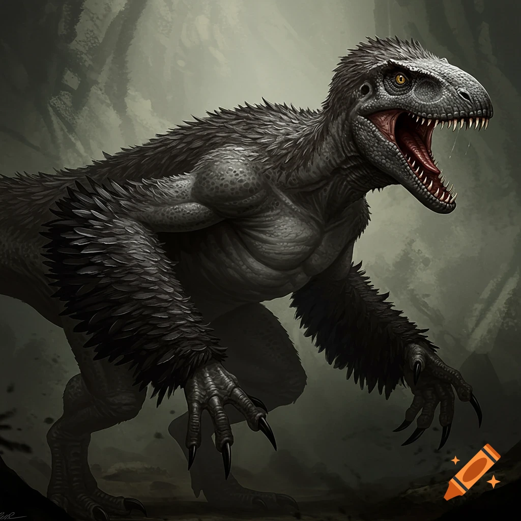 A feathered abelisaur dinosaur crouching aggressively
