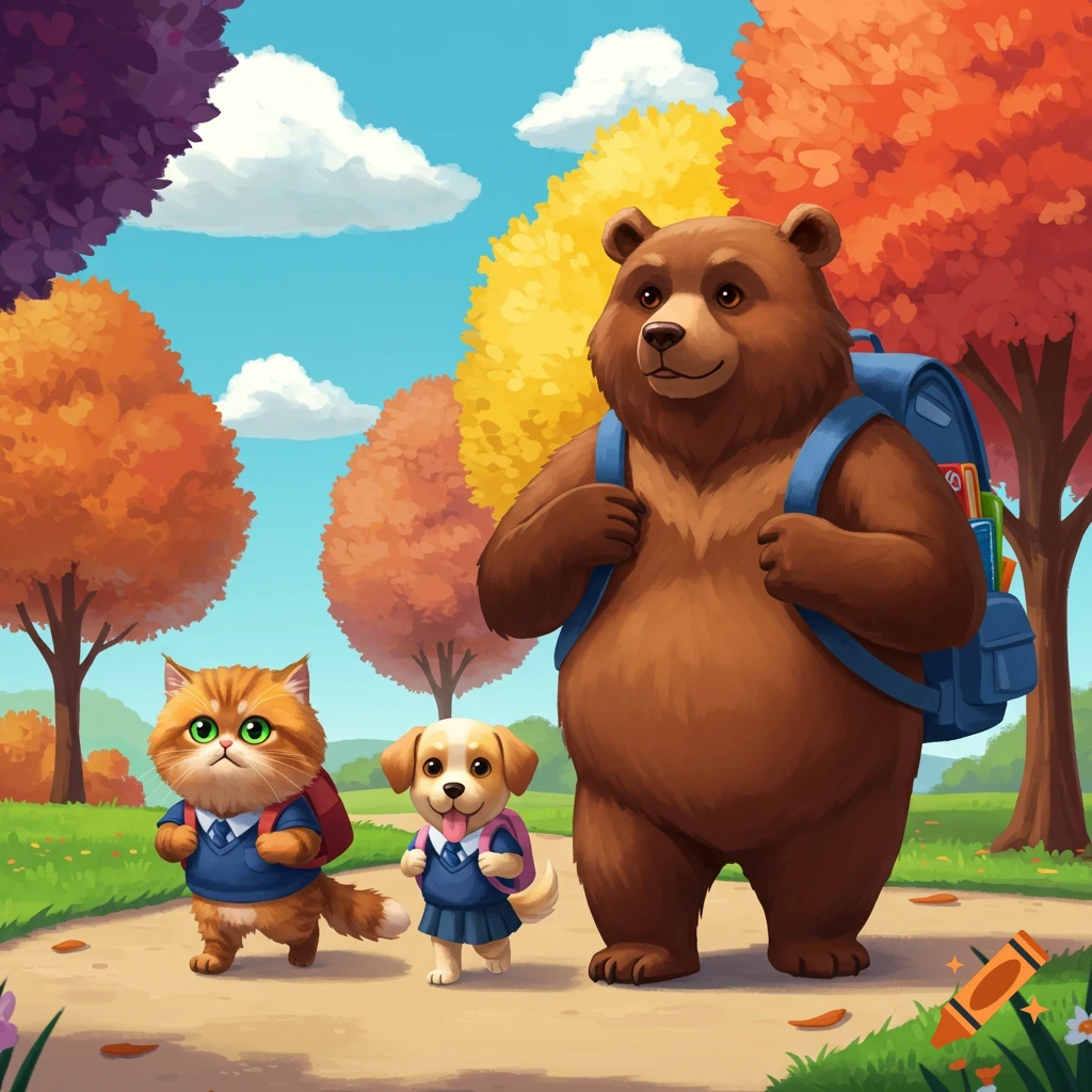 Cartoon cat, dog, and bear walking with backpacks on a path in an autumn setting.
