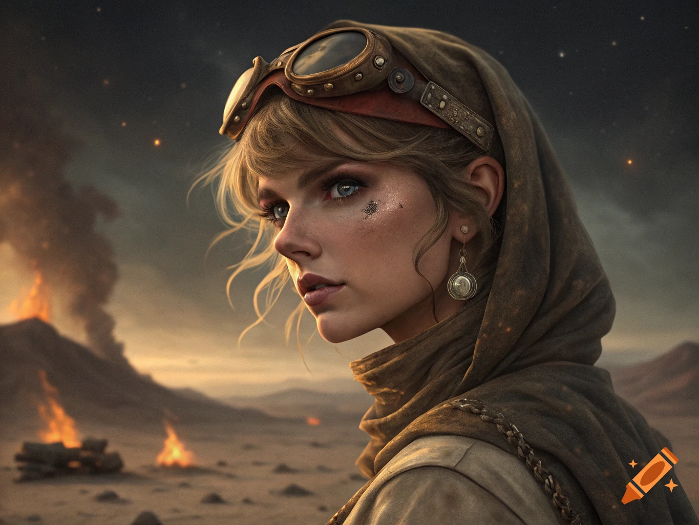 Portrait of a woman in goggles and hood in a dark desert with fires.