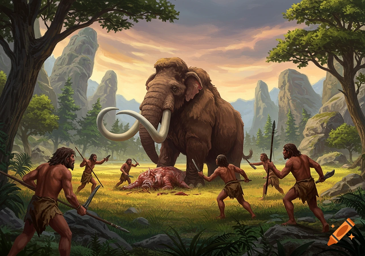 Prehistoric humans hunt a mammoth.