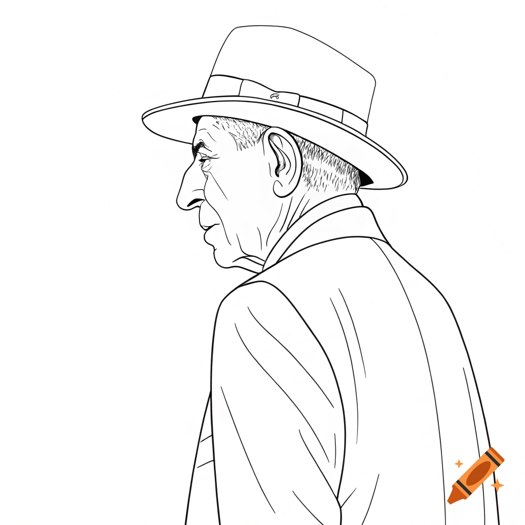 A simple line drawing of Leonard Cohen from behind, wearing a hat.