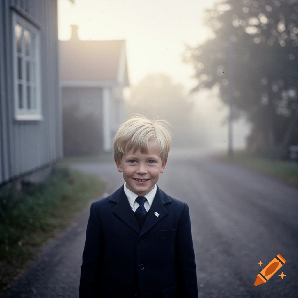 Vintage photo of a blonde boy in a navy blue school uniform standing on a misty road.