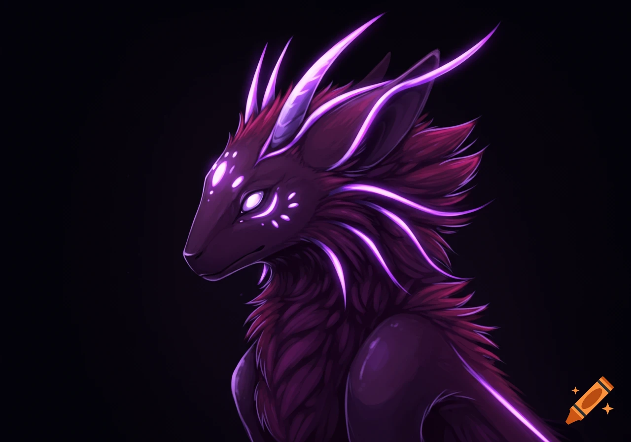 A purple furry creature with glowing highlights is shown on a black background.