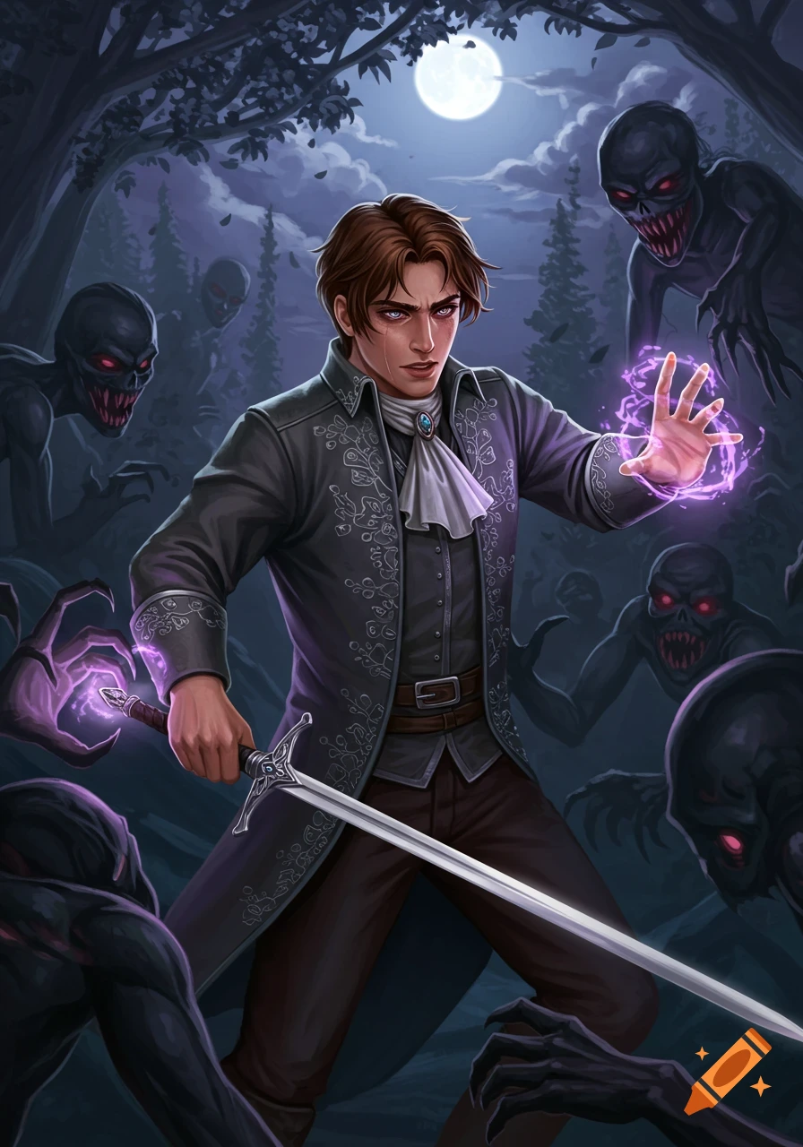 A young man in a dark coat fights shadowy monsters in a forest at night, casting a purple spell.