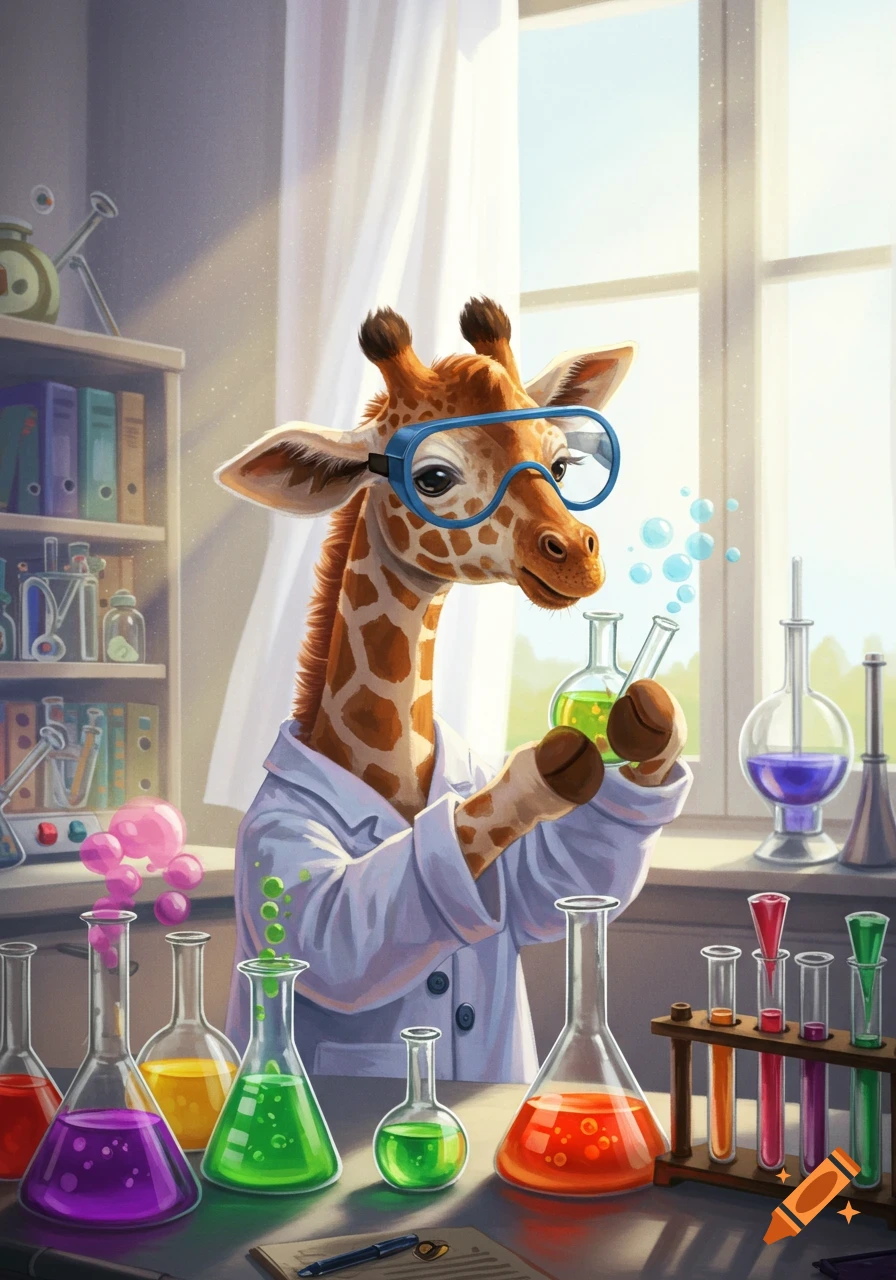 A giraffe wearing goggles and a lab coat, holding beakers in a chemistry lab.