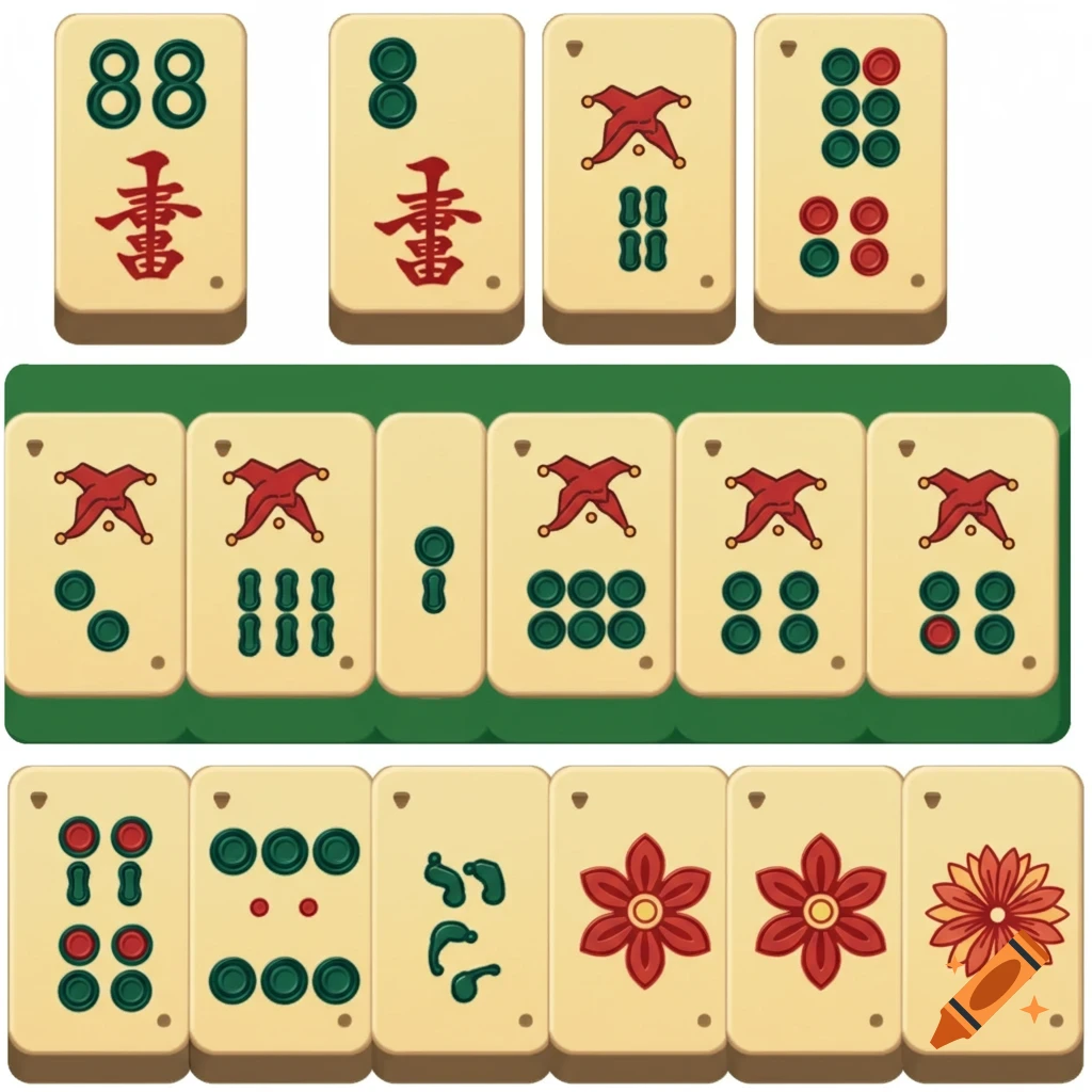 Collection of Mahjong tiles arranged in rows on a green background.
