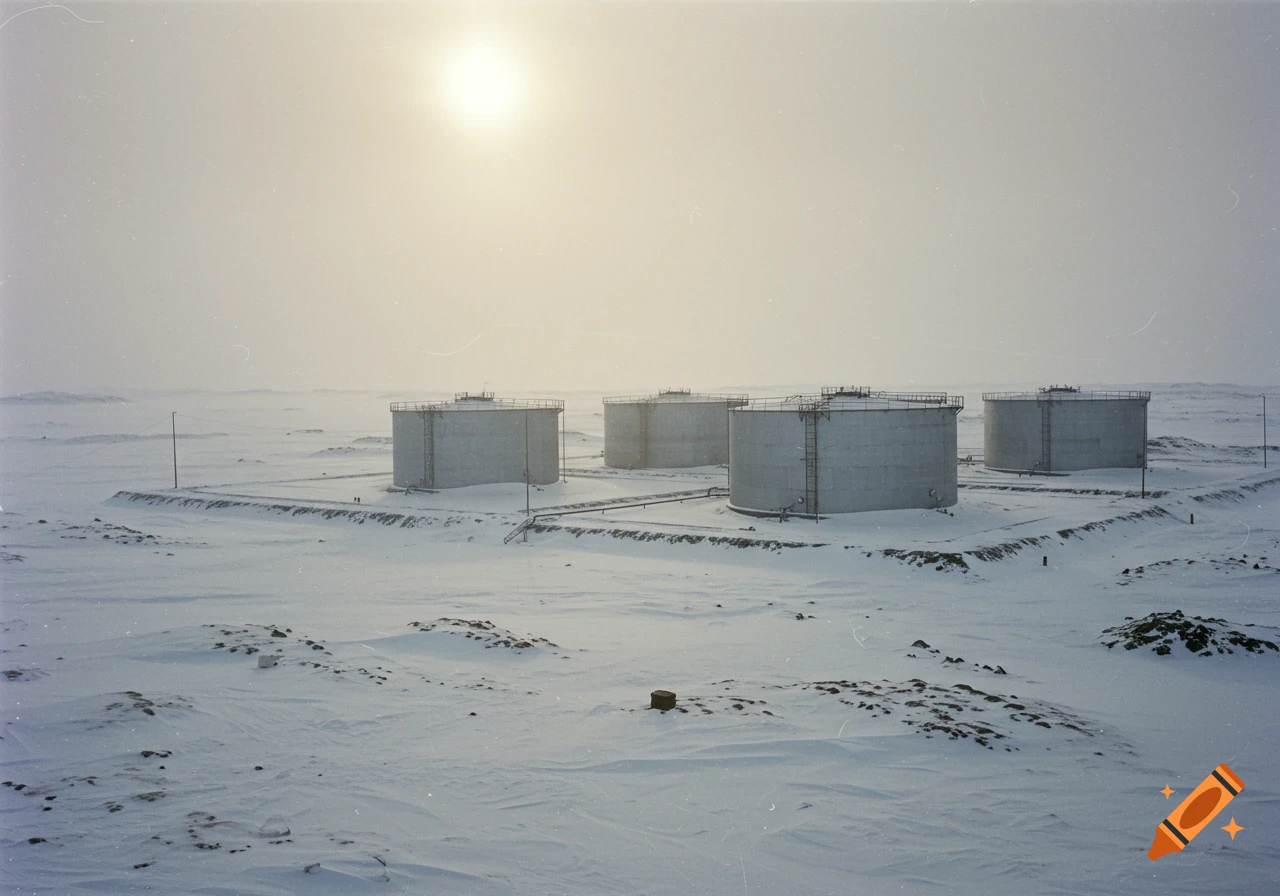 Vintage photo of oil storage tanks in a snowy arctic landscape under a bright sun.