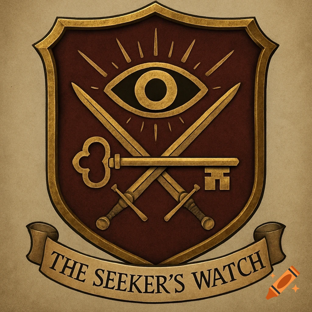 Fantasy crest with an eye, crossed swords, a key, and a banner reading "THE SEEKER'S WATCH".