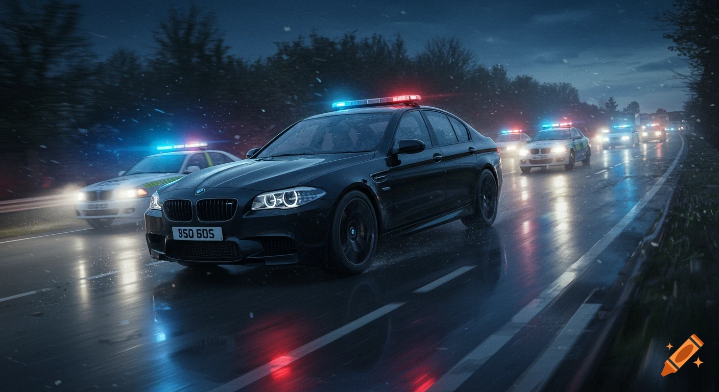 A black BMW is being chased by UK police cars on a wet road at night.