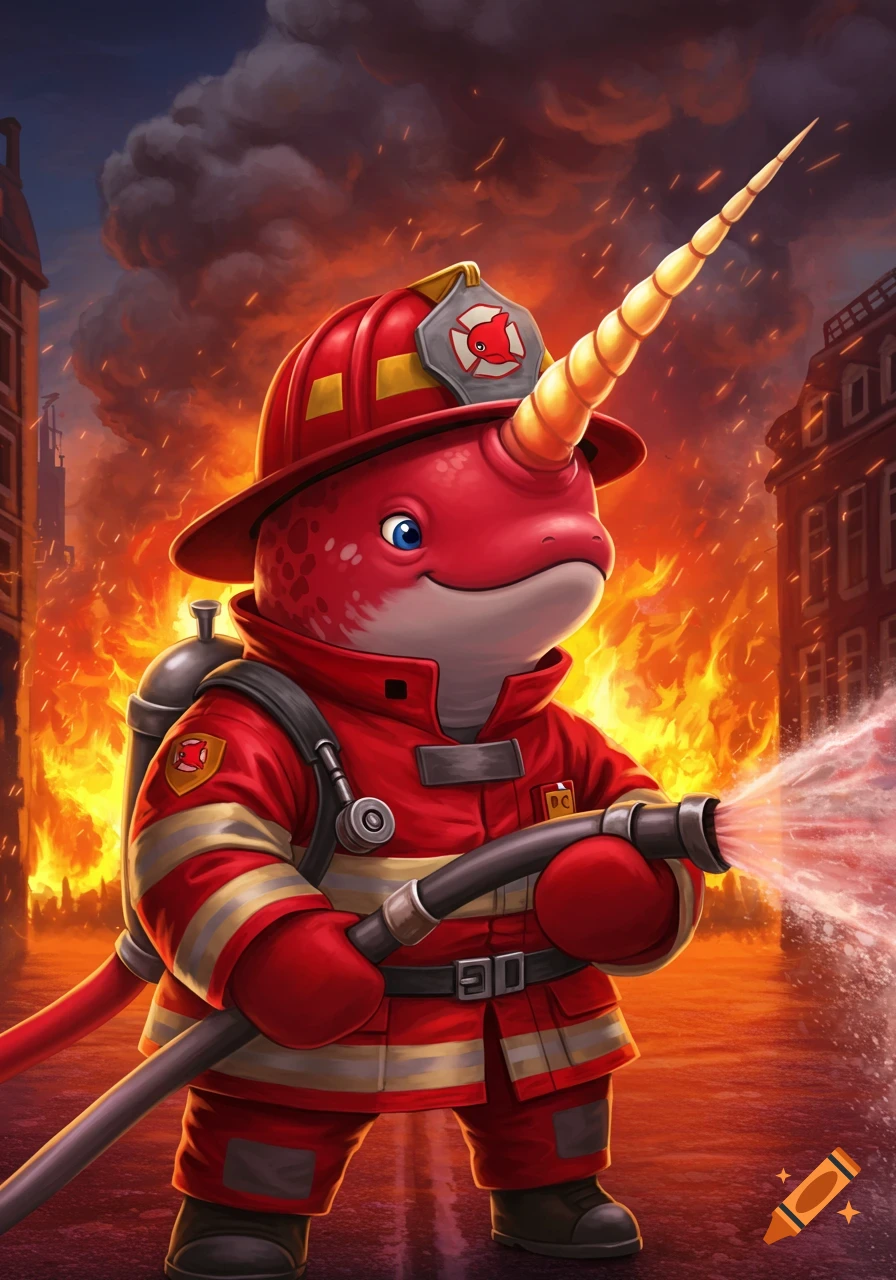 A red narwhal firefighter is spraying water on a fire in a city.